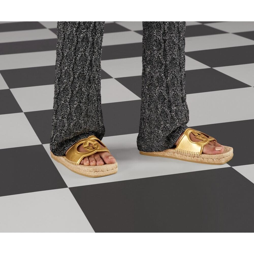 Gucci Interlocking G Cut Out Espadrille Gold Leather GG Slide Sandal 38.5 - Picture 2 of 10